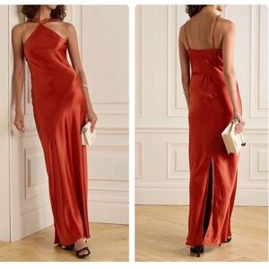 NWT STAUD Cadence Embellished Satin Maxi Dress Brick Retails $595